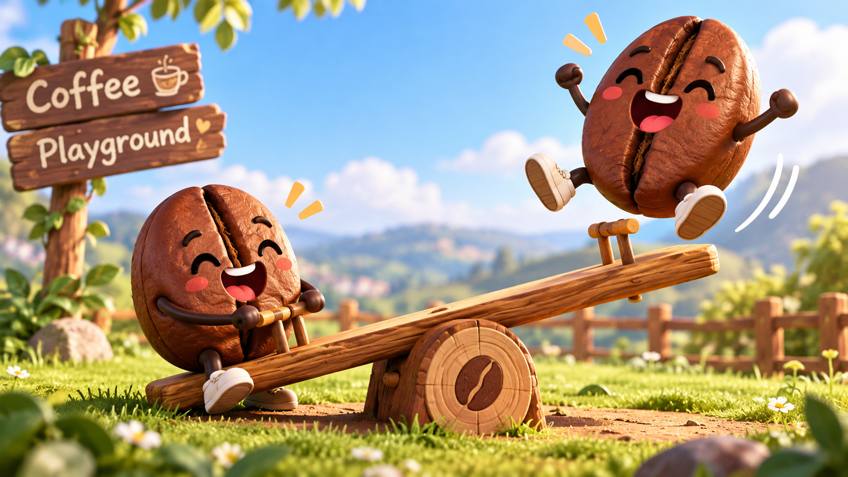 Two cheerful coffee bean characters playing on a seesaw beneath a Coffee Playground sign