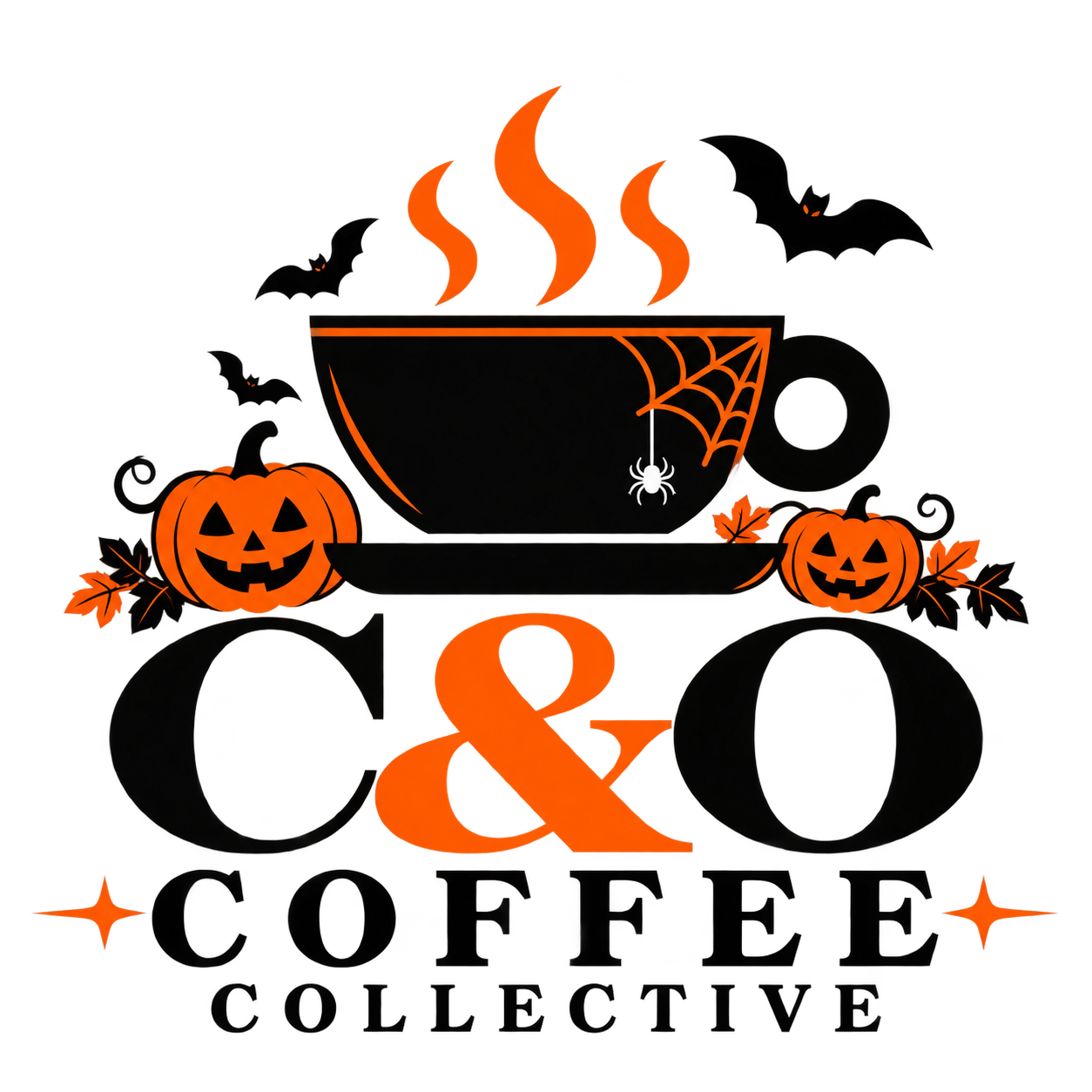 Halloween C&O Coffee Collective logo with pumpkins, bats, spider web and orange steam