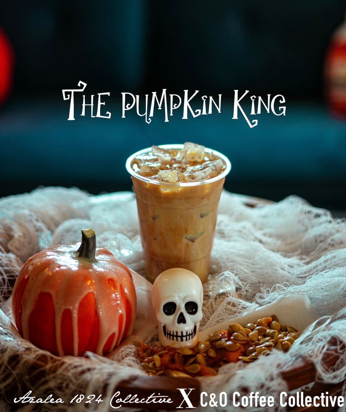 The Pumpkin King seasonal iced drink with pumpkin décor