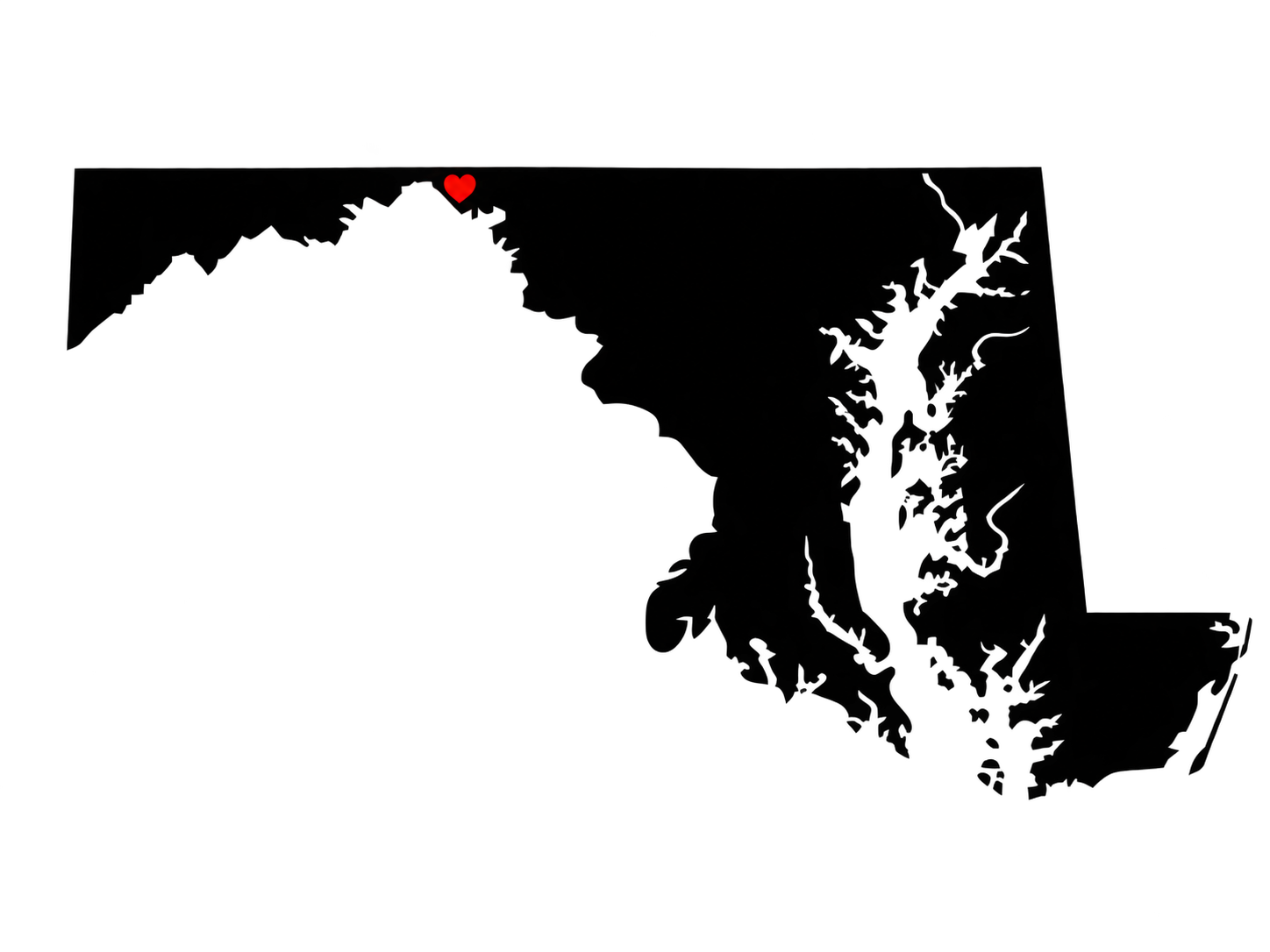 Outline of Maryland with a heart marking Clear Spring in Western Maryland